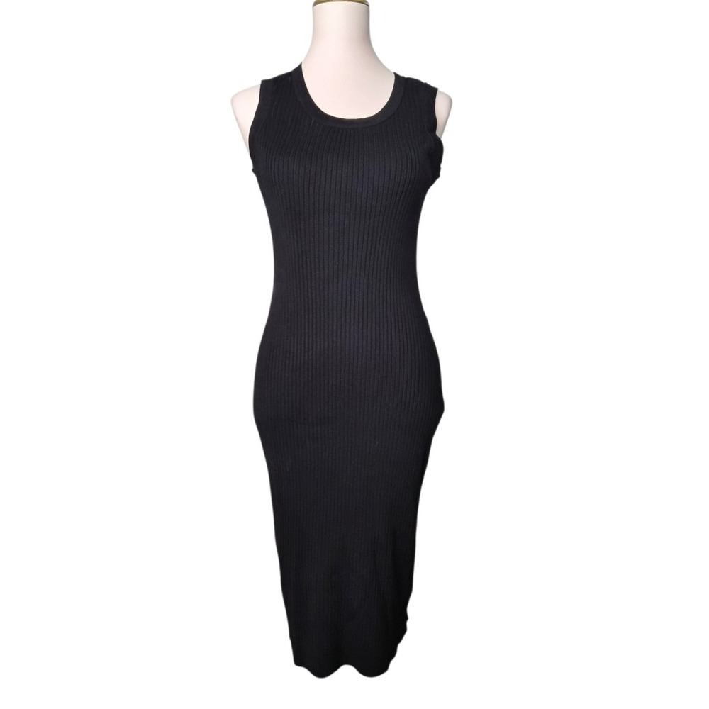 Magaschoni Black Ribbed Knit Sleeveless Midi Dress Stretch Bodycon S
